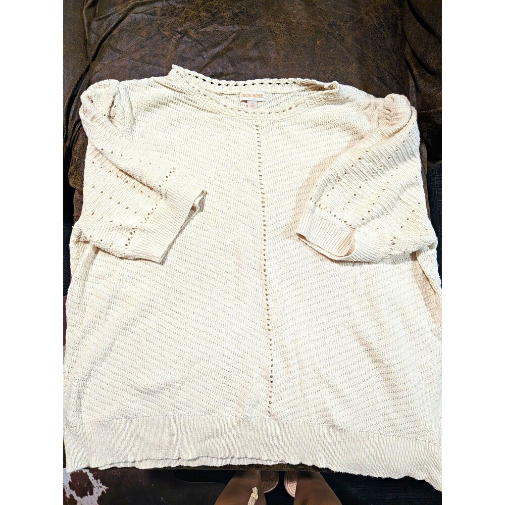 Knox Rose Women's Ivory Knit Crew Neck Long Sleeve Pullover Sweater Plus 4X